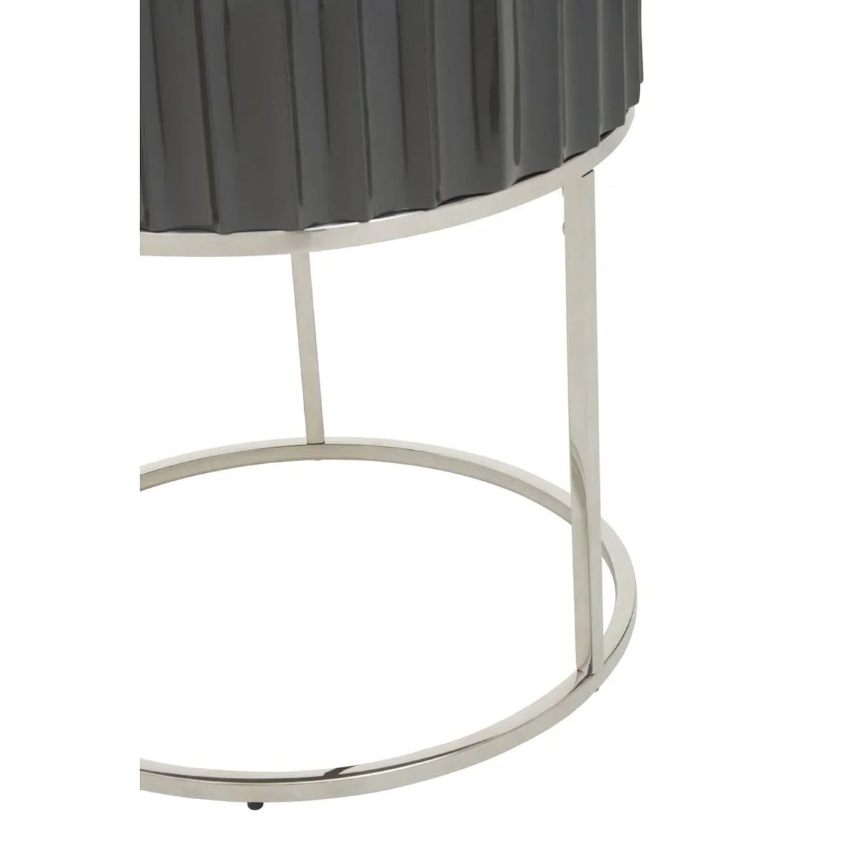 Grey side table with metal circular base and vertical ribbed detailing