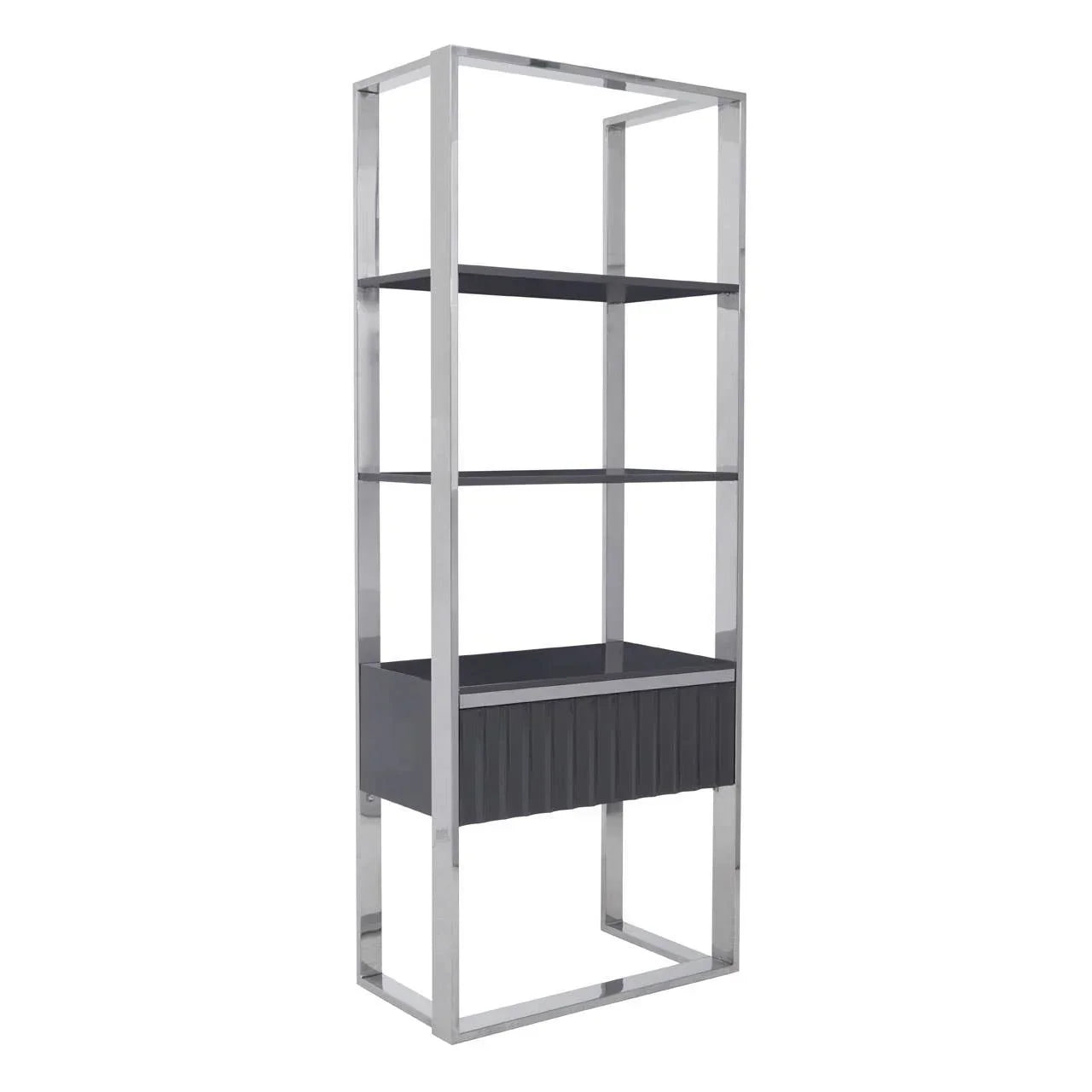 Chrome and black display shelving unit with open shelves and storage drawer, angled view