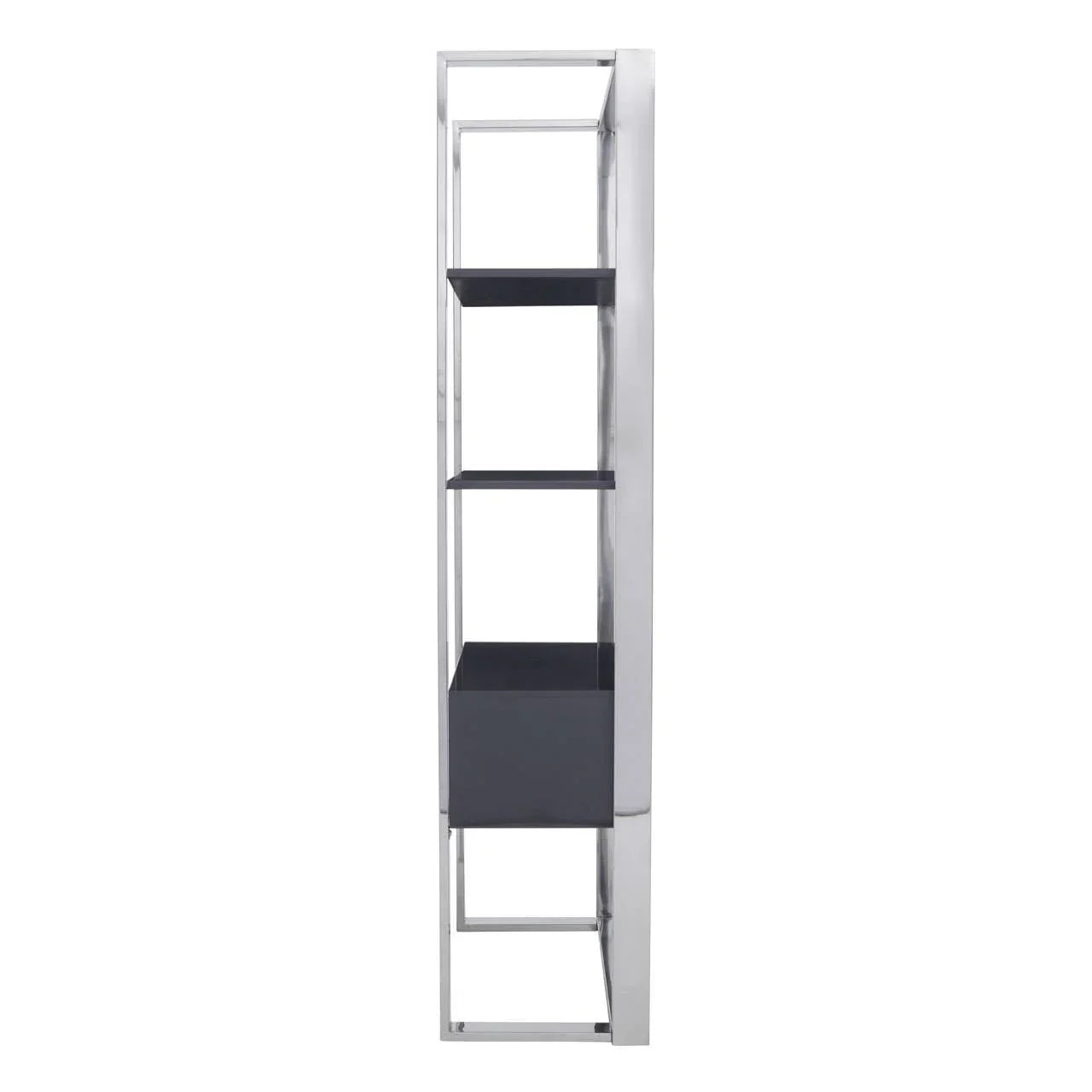 Side view of metal and dark wood shelving unit with open frame and lower storage box
