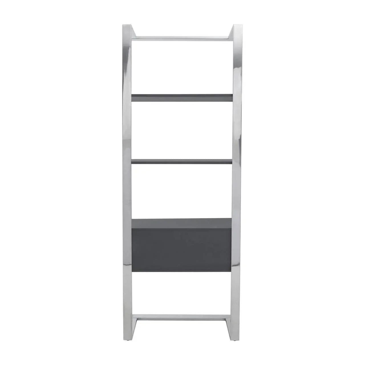 Chrome and black bookshelf with three shelves and rectangular storage compartment