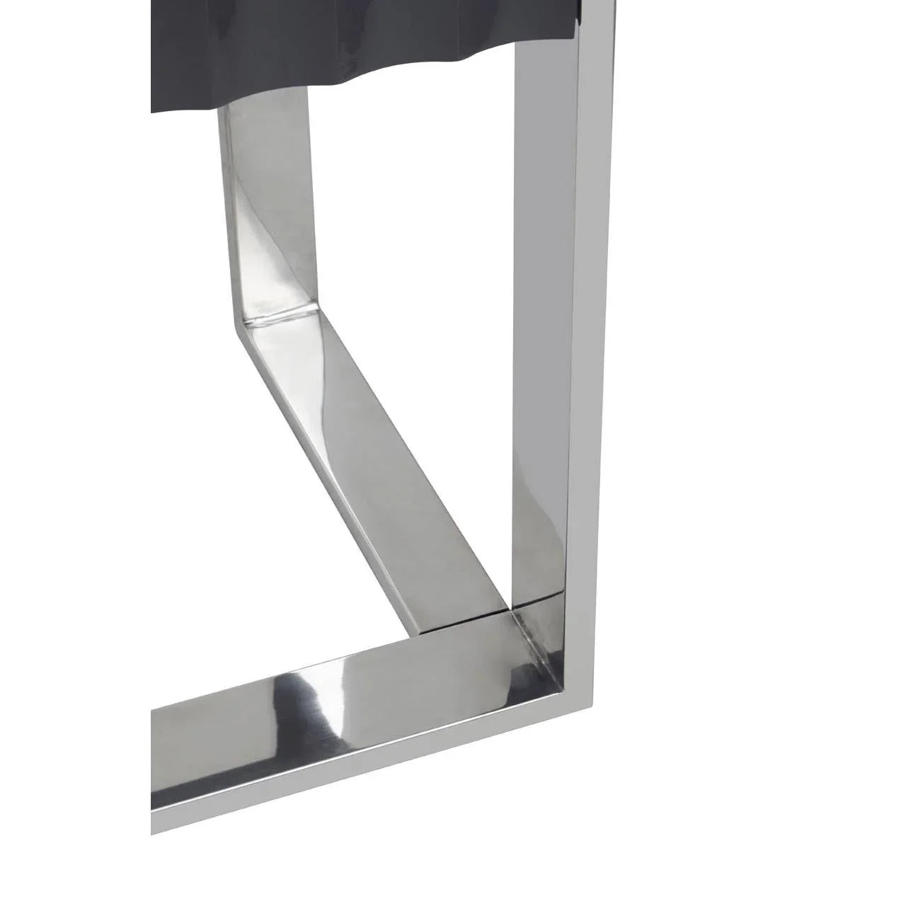 Polished chrome table leg with geometric metal frame and glossy finish