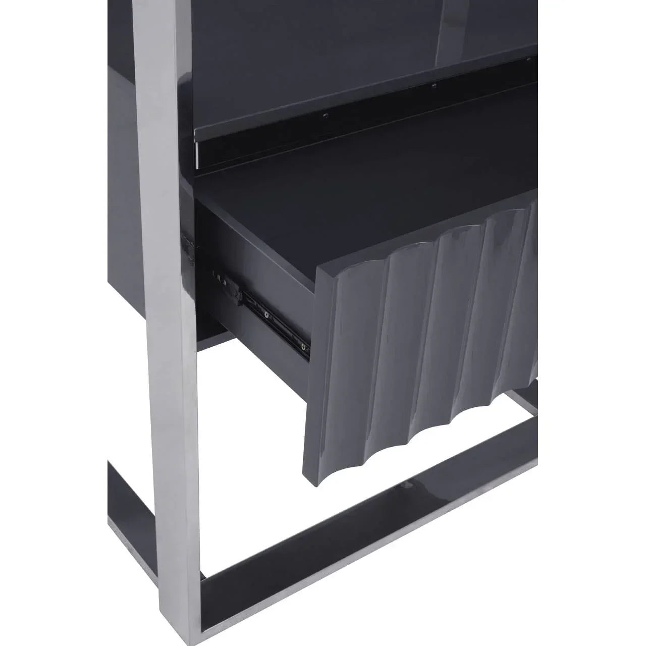 Glossy black console table with a ribbed drawer front and chrome metal frame