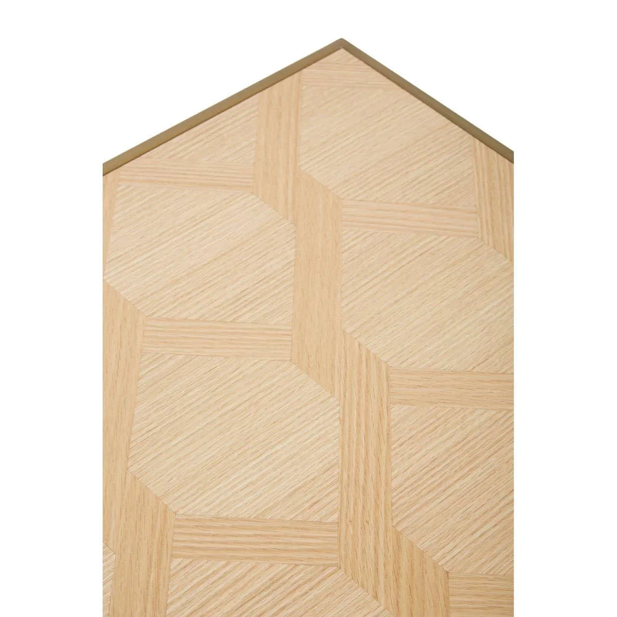 Light wood furniture panel with geometric parquet pattern and angled brass trim detail