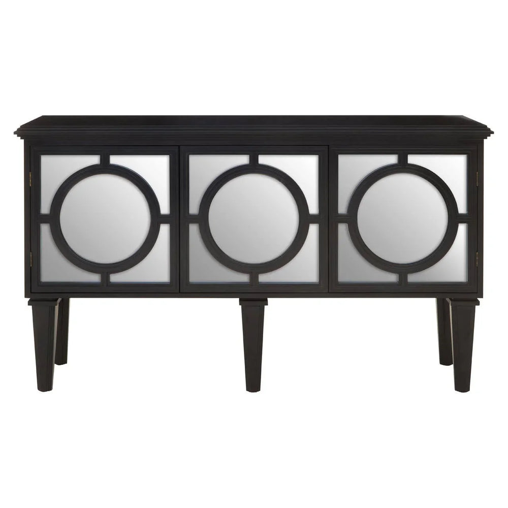 Reflective Elegance Telese Black Finish Sideboard with Circular Lattice Overlay