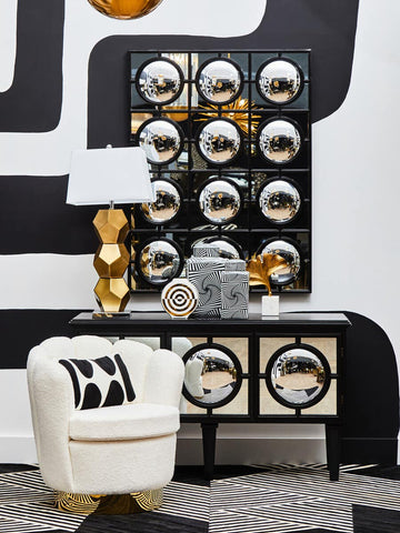 Reflective Elegance Telese Black Finish Sideboard with Circular Lattice Overlay