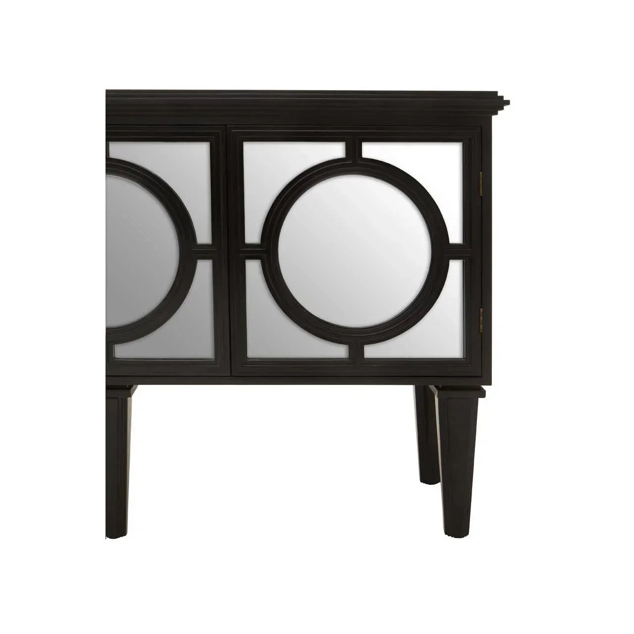 Black mirrored sideboard cabinet with circular geometric design and tapered legs, side view