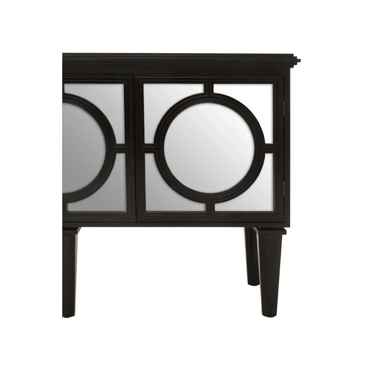 Black mirrored sideboard cabinet with circular geometric design and tapered legs, side view