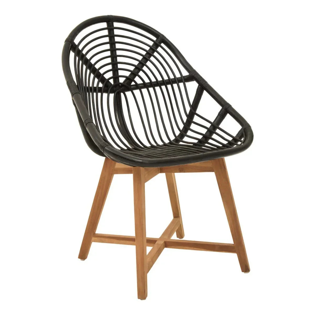 Black rattan dining chair with curved open weave seat and wooden legs on white background