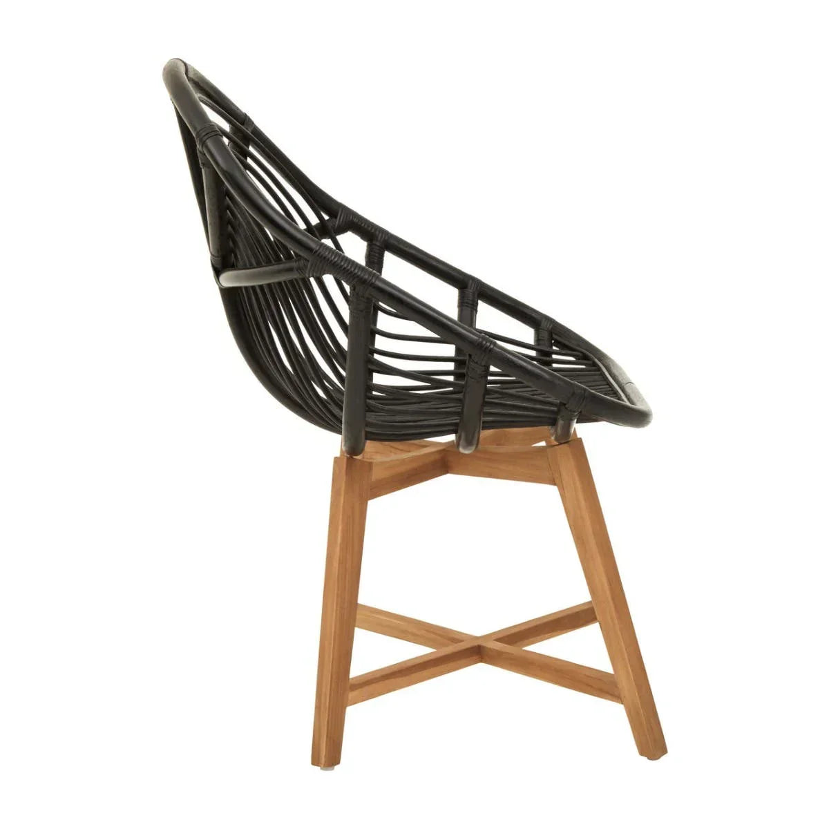 Black rattan accent chair with curved seat and wooden base, side view