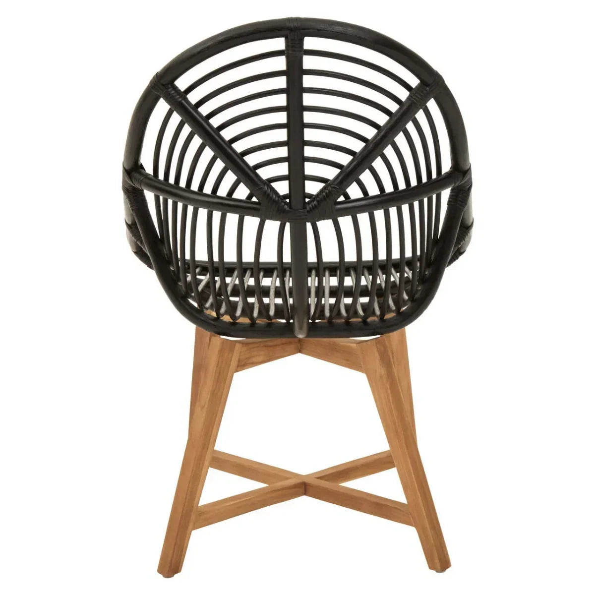 Black rattan dining chair with curved back and wooden legs, rear view