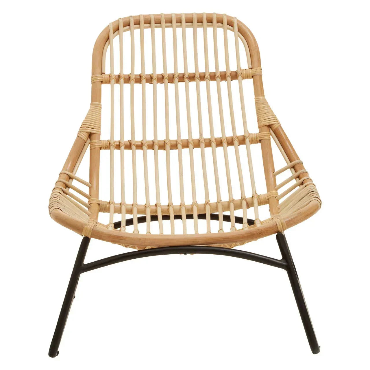 Natural rattan lounge chair with black metal legs, front view