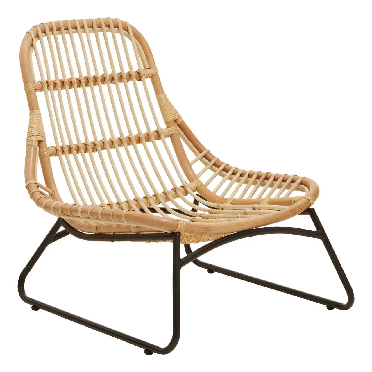 Rattan lounge chair with black metal frame and curved seat, side view