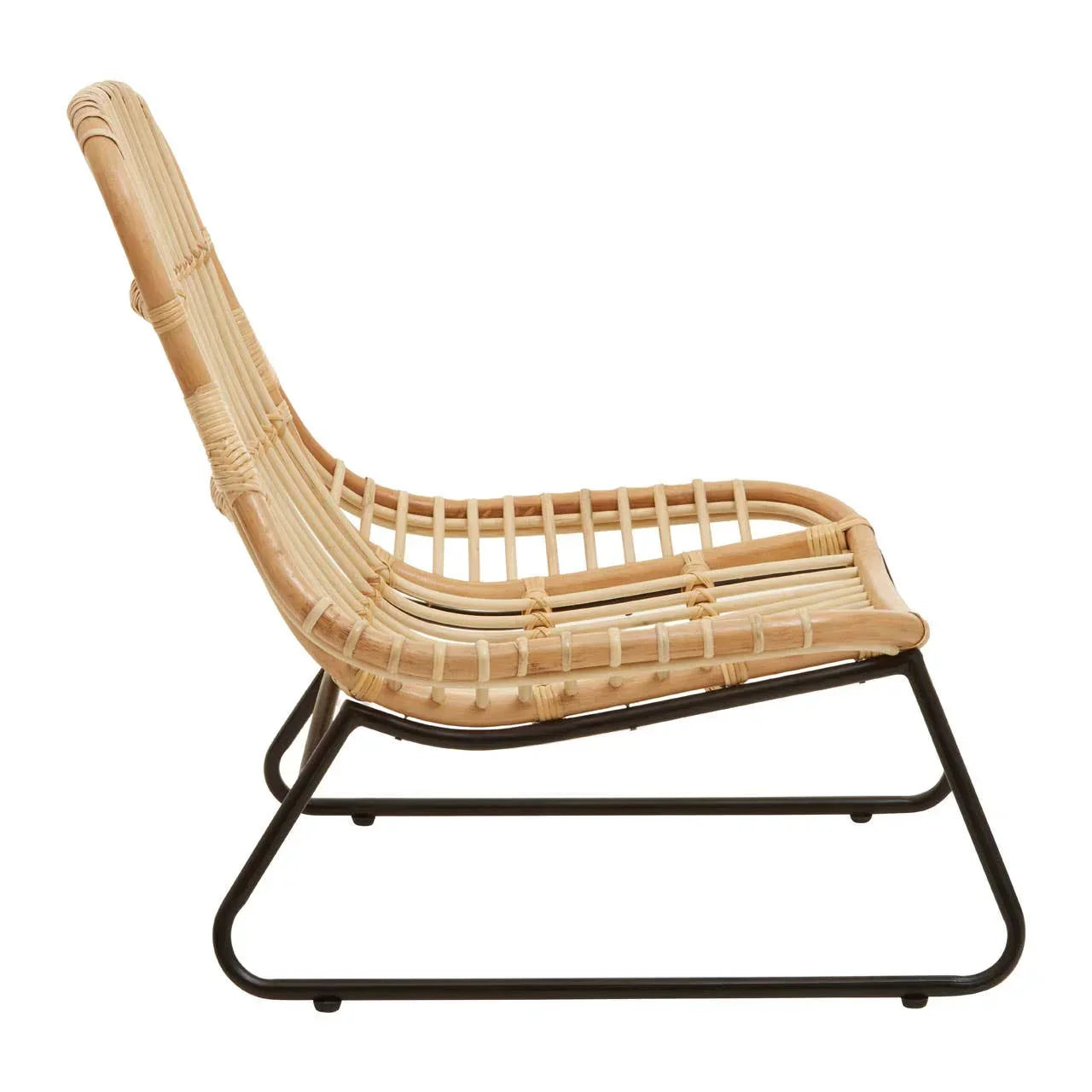 Natural rattan lounge chair with black metal legs, side view