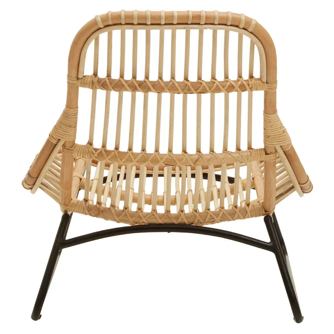 Natural rattan accent chair with black metal legs, rear view highlighting woven seat design