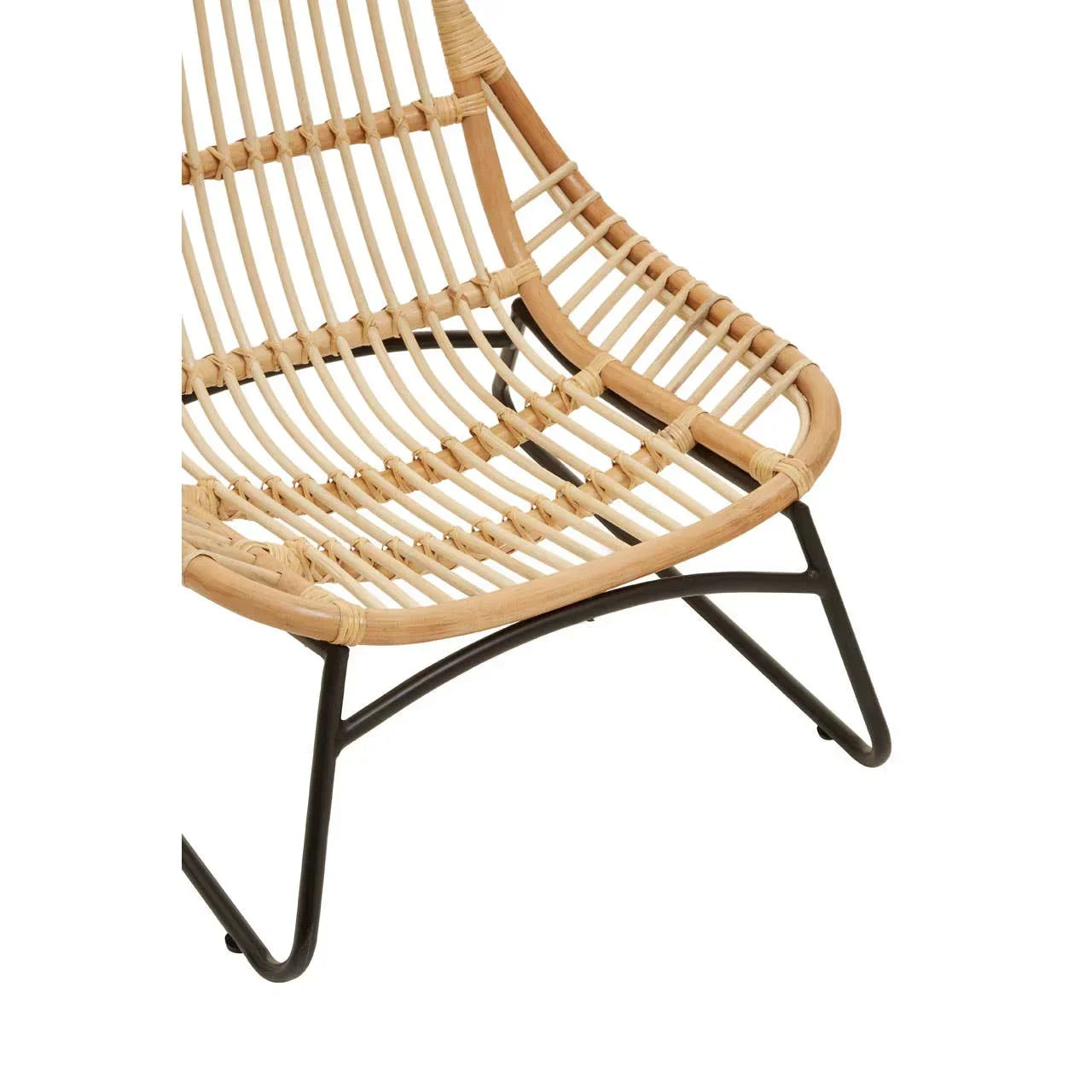 Natural rattan chair seat with black metal frame detail, close-up angle