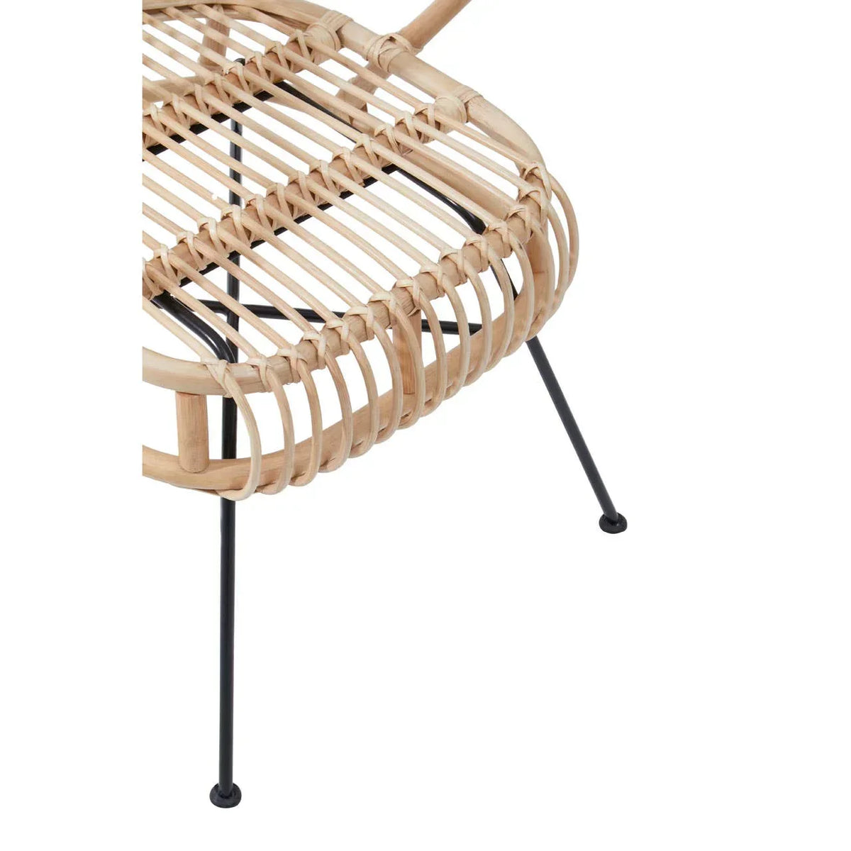 Close view of rattan chair seat with black metal legs, natural woven furniture