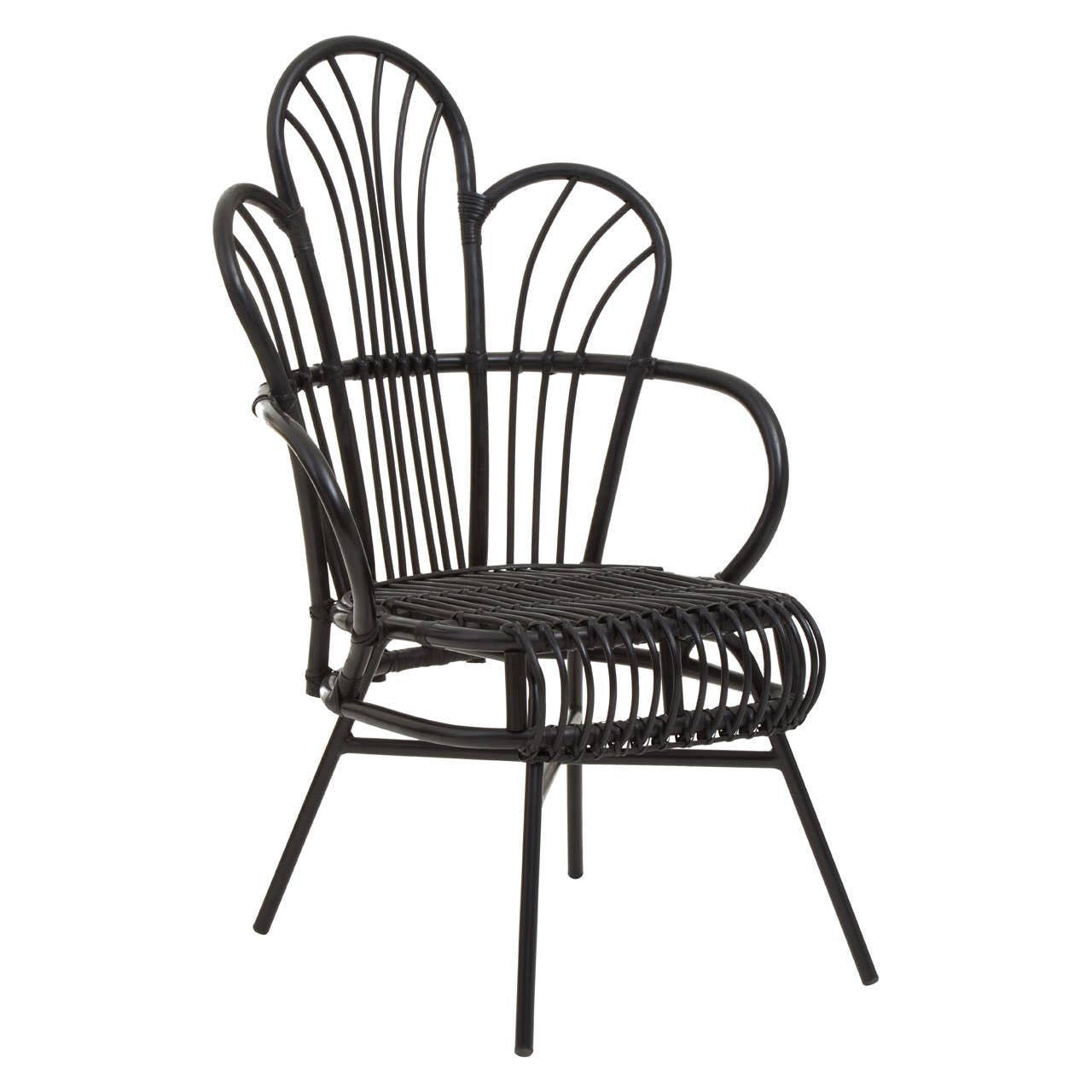 A black metal chair featuring a scalloped back design made of natural rattan, with curved armrests and slender legs, showcasing a modern and stylish aesthetic suitable for home decor