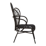 Side view of a Java Black Natural Rattan and Black Metal Scalloped Back Chair featuring a curved, scalloped backrest, slender armrests, and a sturdy metal frame with a black finish. The seat is woven with natural rattan, showcasing a blend of modern and classic design elements