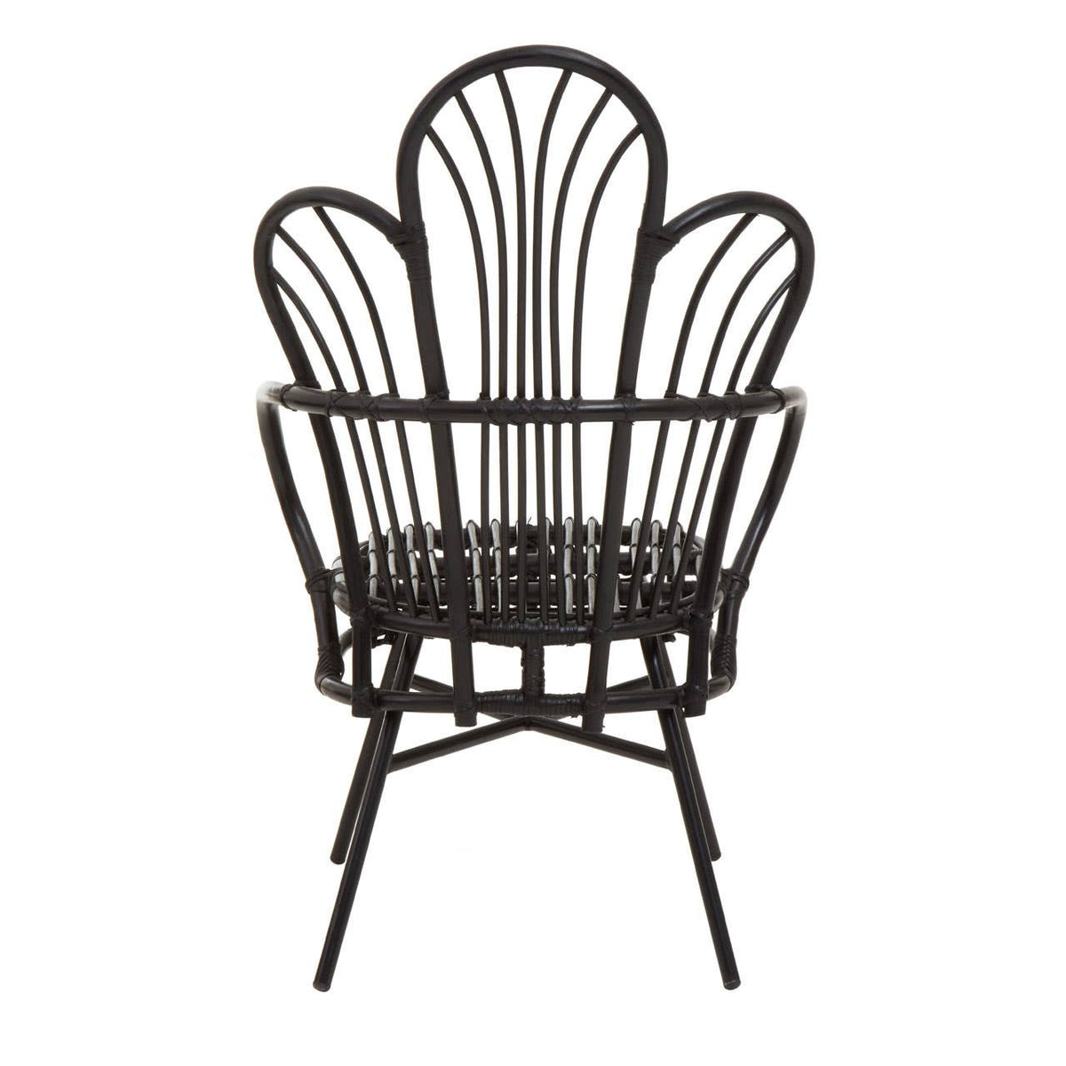 A black metal chair featuring a scalloped back design made from natural rattan, with a round seat and slender legs. The overall structure is elegant and modern, showcasing a combination of materials and a unique silhouette