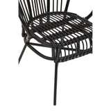 A black metal chair featuring a scalloped back design, with a woven natural rattan seat and backrest. The chair has slender legs and an open, airy structure, showcasing a modern aesthetic suitable for home decor