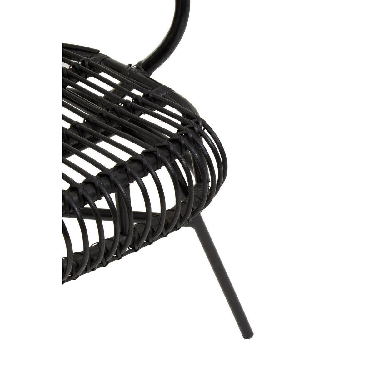 A close-up view of the Java Black Natural Rattan and Black Metal Scalloped Back Chair, showcasing the intricate rattan weaving and the sleek black metal frame. The scalloped back design is visible, highlighting the chair's modern aesthetic. One of the chair's legs is partially visible, emphasizing its sturdy construction
