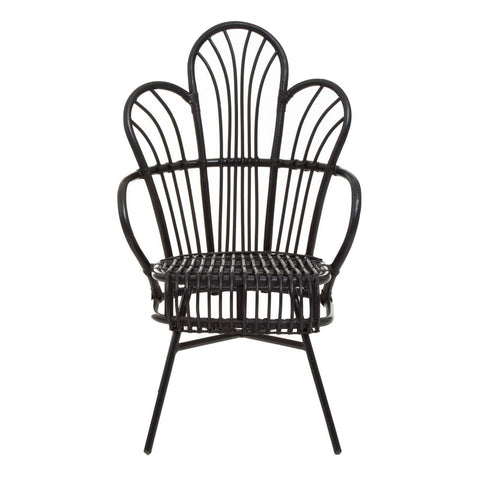 A black metal chair featuring a scalloped back design, with natural rattan detailing woven throughout. The chair has a sturdy base with four slender legs, creating a stylish and contemporary look suitable for home decor