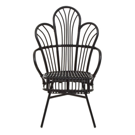 A black metal chair featuring a scalloped back design, with natural rattan detailing woven throughout. The chair has a sturdy base with four slender legs, creating a stylish and contemporary look suitable for home decor