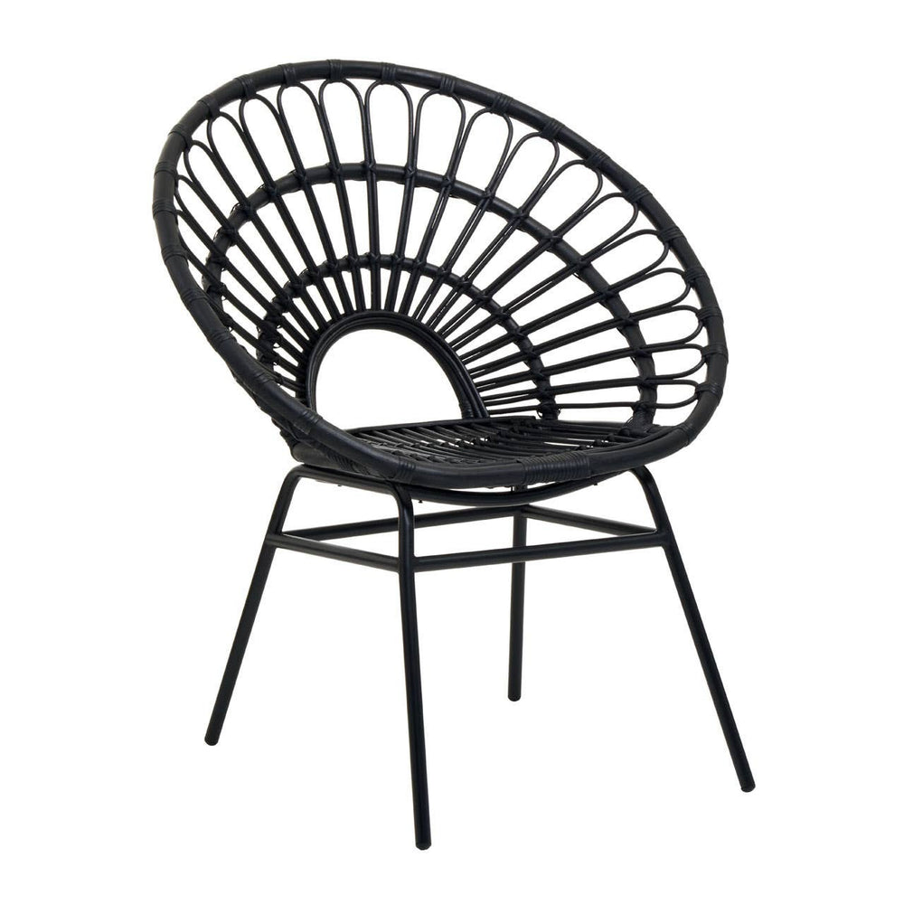 A stylish black rattan chair with a flared back design, featuring a circular woven pattern and slender metal legs, suitable for home decor