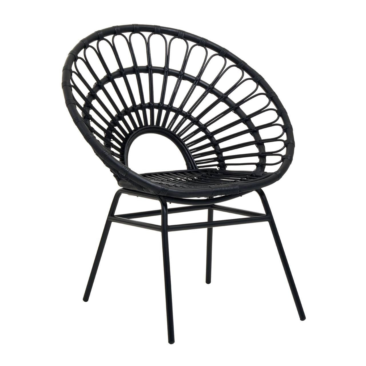A stylish black rattan chair with a flared back design, featuring a circular woven pattern and slender metal legs, suitable for home decor