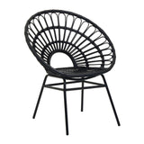A stylish black rattan chair with a flared back design, featuring a circular woven pattern and slender metal legs, suitable for home decor
