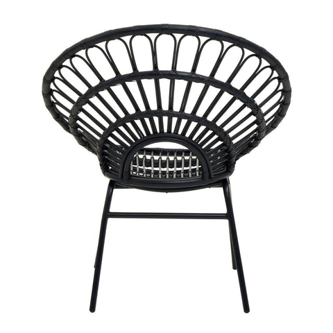 A round, flared back chair made of black natural rattan, featuring a woven design with a sturdy metal frame and four legs. The chair has a spacious seat and an open back, showcasing a modern and stylish look suitable for home decor