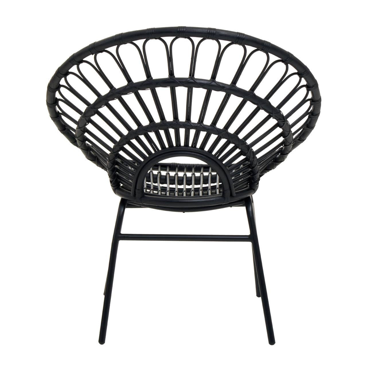 A round, flared back chair made of black natural rattan, featuring a woven design with a sturdy metal frame and four legs. The chair has a spacious seat and an open back, showcasing a modern and stylish look suitable for home decor