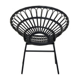 A round, flared back chair made of black natural rattan, featuring a woven design with a sturdy metal frame and four legs. The chair has a spacious seat and an open back, showcasing a modern and stylish look suitable for home decor