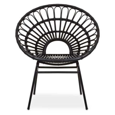 A flared back chair made of black natural rattan, featuring a circular design with a wide, open back and a sturdy metal frame. The chair has four legs and a minimalist aesthetic, suitable for modern home decor