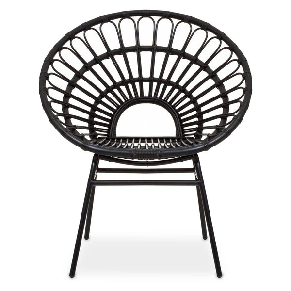 A flared back chair made of black natural rattan, featuring a circular design with a wide, open back and a sturdy metal frame. The chair has four legs and a minimalist aesthetic, suitable for modern home decor