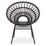 A flared back chair made of black natural rattan, featuring a circular design with a wide, open back and a sturdy metal frame. The chair has four legs and a minimalist aesthetic, suitable for modern home decor