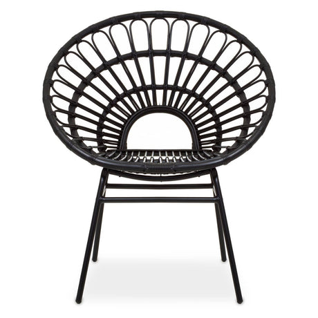 A flared back chair made of black natural rattan, featuring a circular design with a wide, open back and a sturdy metal frame. The chair has four legs and a minimalist aesthetic, suitable for modern home decor