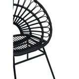 Black rattan flared back chair featuring a circular, open-weave design and a sturdy metal frame, showcasing a modern and stylish aesthetic suitable for home decor