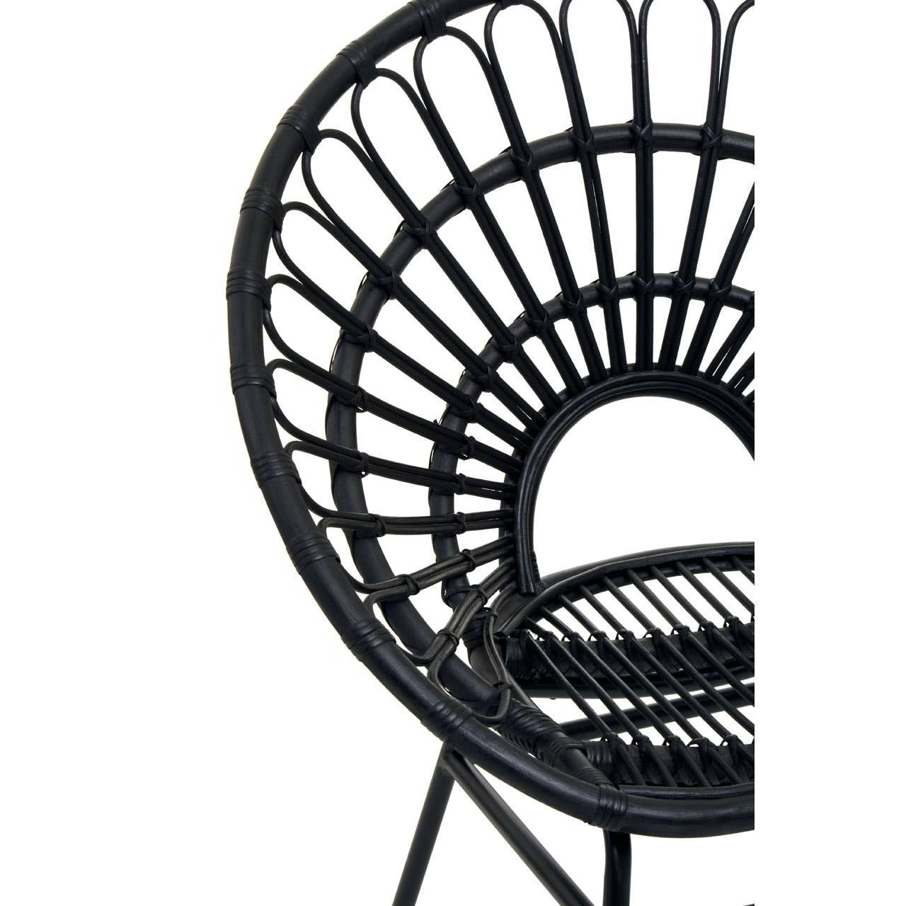 Flared back chair made of black natural rattan, featuring a circular design with vertical spokes and a sturdy base. The chair has a wide, open back and a slatted seat, showcasing a modern and stylish aesthetic suitable for home decor