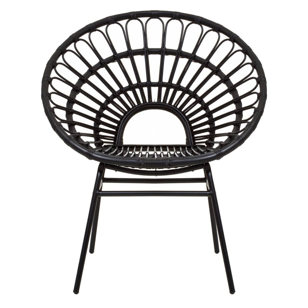 A black natural rattan flared back chair with a circular, open-weave design and slender legs, showcasing a modern and stylish silhouette suitable for home decor