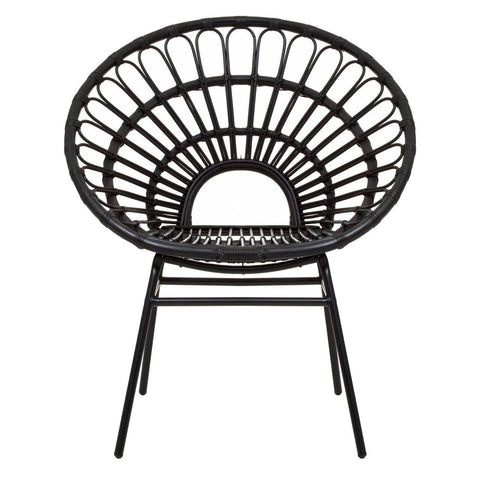 A black natural rattan flared back chair with a circular, open-weave design and slender legs, showcasing a modern and stylish silhouette suitable for home decor