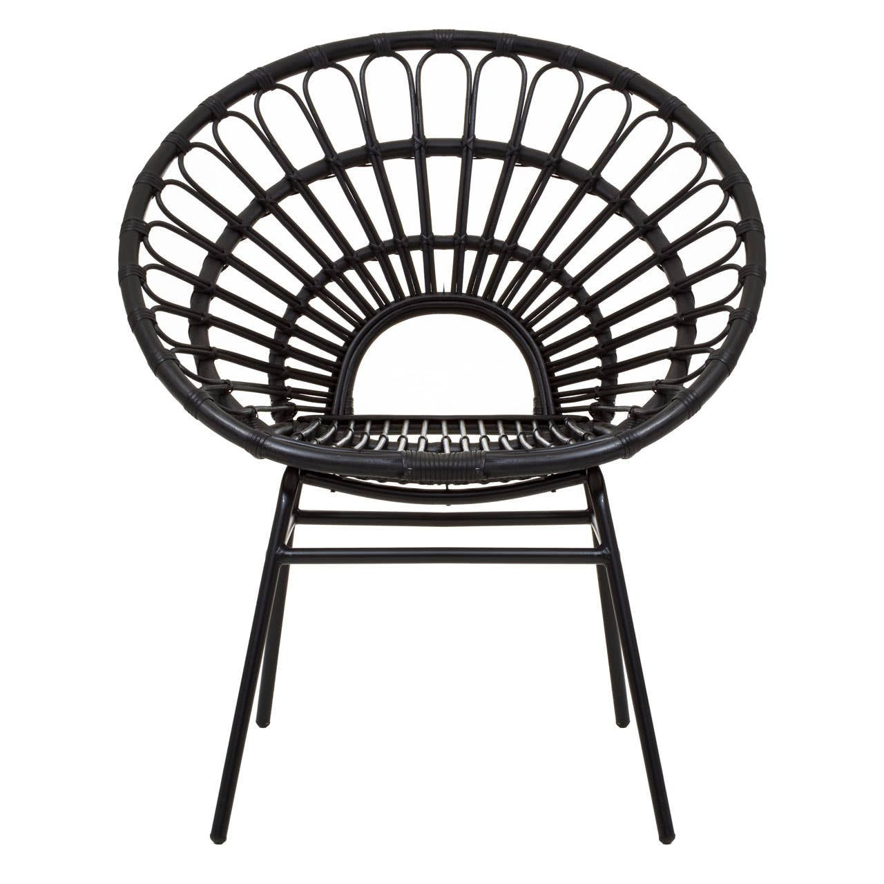 A black natural rattan flared back chair with a circular, open-weave design and slender legs, showcasing a modern and stylish silhouette suitable for home decor