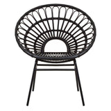 A black natural rattan flared back chair with a circular, open-weave design and slender legs, showcasing a modern and stylish silhouette suitable for home decor