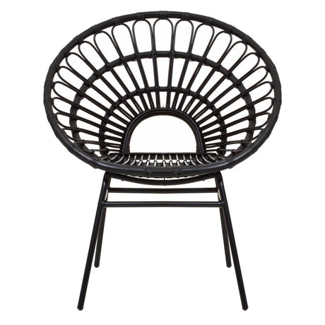 A black natural rattan flared back chair with a circular, open-weave design and slender legs, showcasing a modern and stylish silhouette suitable for home decor