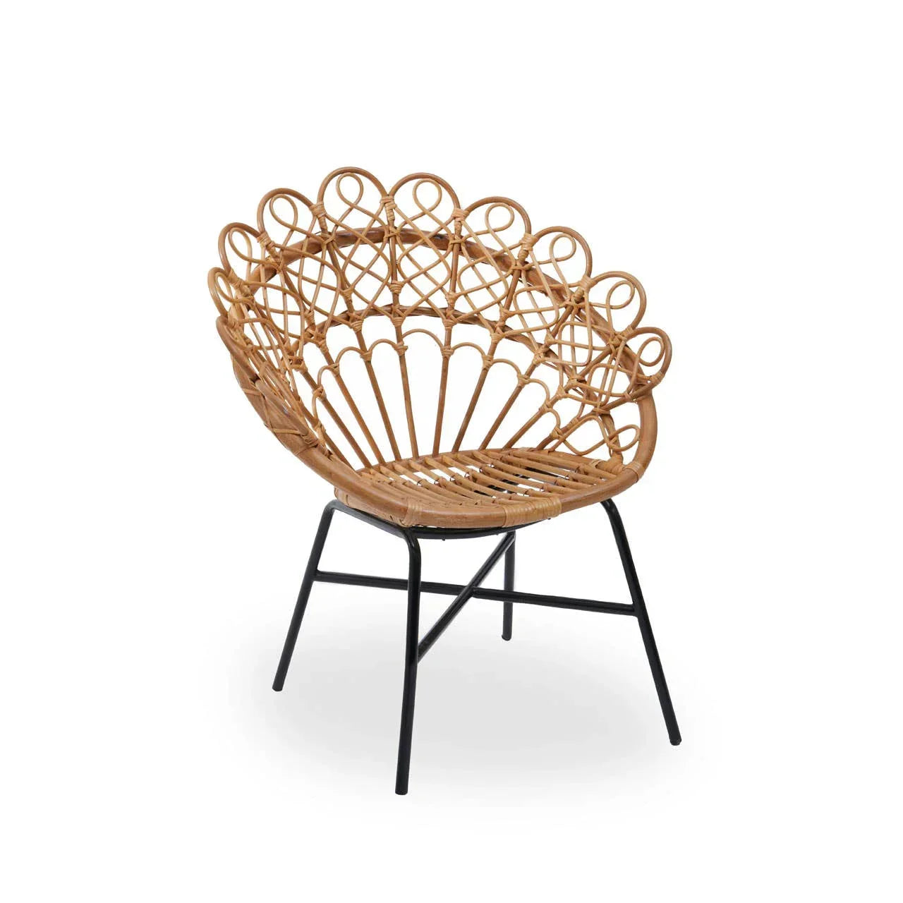 Natural rattan accent chair with decorative openwork backrest and black metal legs