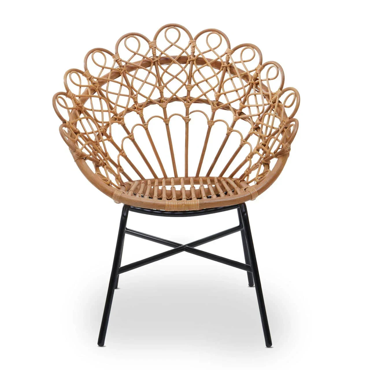 Natural rattan accent chair with intricate woven design and black metal legs, front view