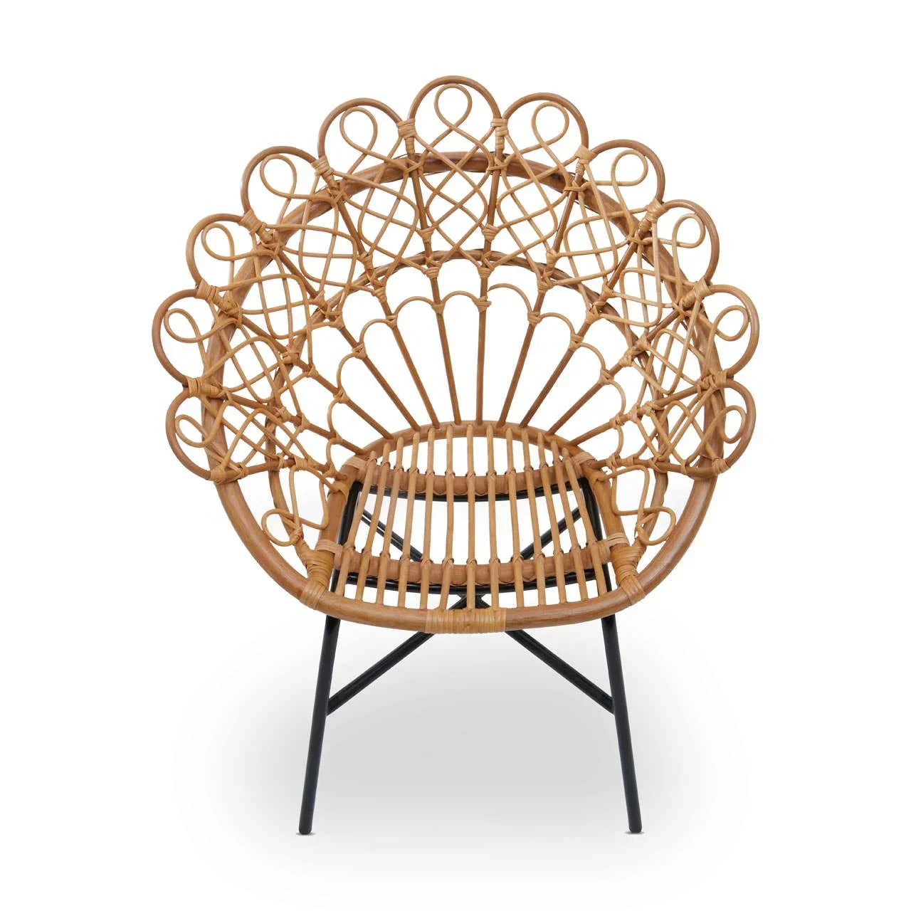 Round rattan accent chair with decorative woven backrest and black metal legs