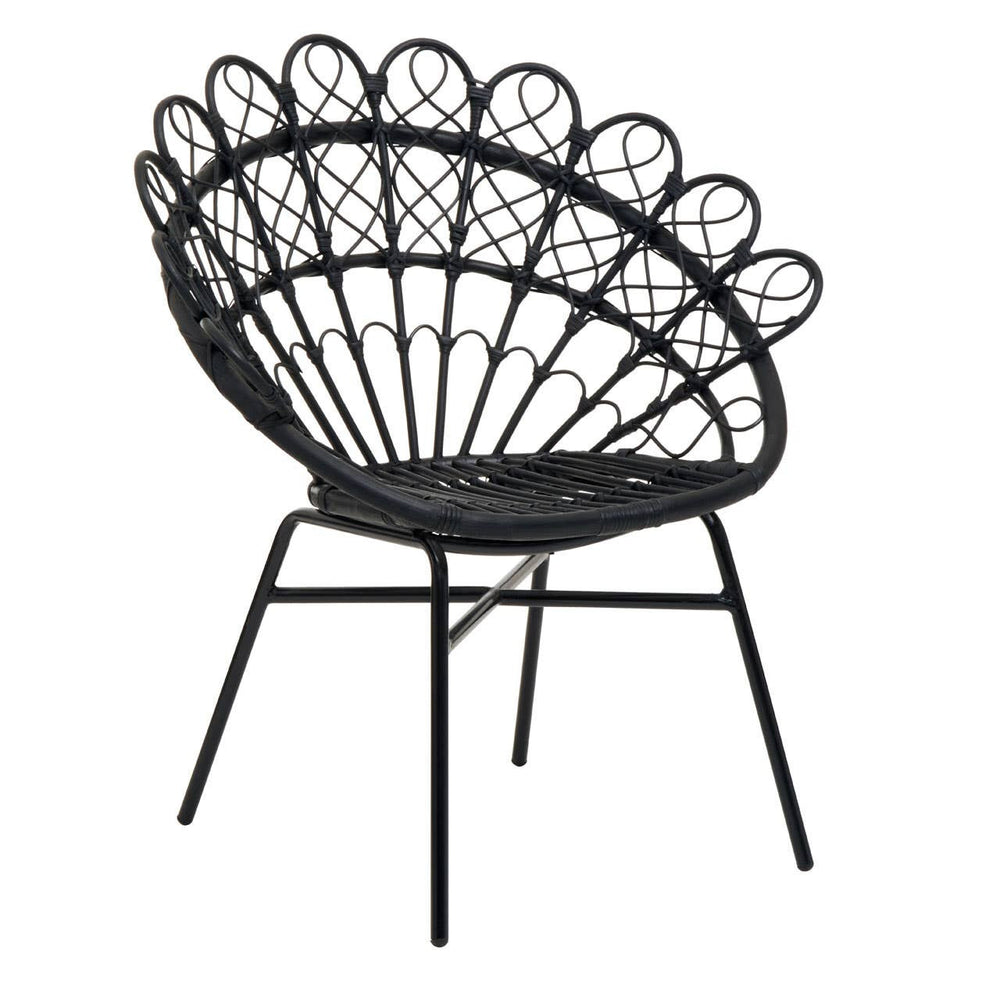 A stylish peacock chair featuring a black natural rattan design with a curved backrest and intricate woven details, supported by slender black metal legs. The chair showcases a fan-shaped silhouette, adding a modern touch to home decor