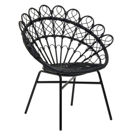 A stylish peacock chair featuring a black natural rattan design with a curved backrest and intricate woven details, supported by slender black metal legs. The chair showcases a fan-shaped silhouette, adding a modern touch to home decor