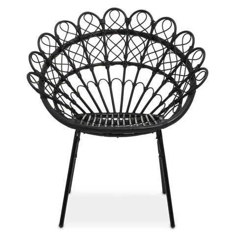 A round black rattan peacock chair with a decorative, fan-shaped backrest and slender metal legs, showcasing a natural woven texture and an open design